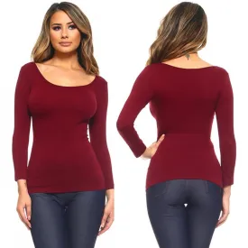 1pc Women Seamless Long Sleeve Shirt Scoop Neck Tunic Basic One Size Wine Red