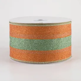 2.5" Stripe Fine Glitter on Royal Ribbon: Pumpkin Orange & Sage Green (10 Yards)