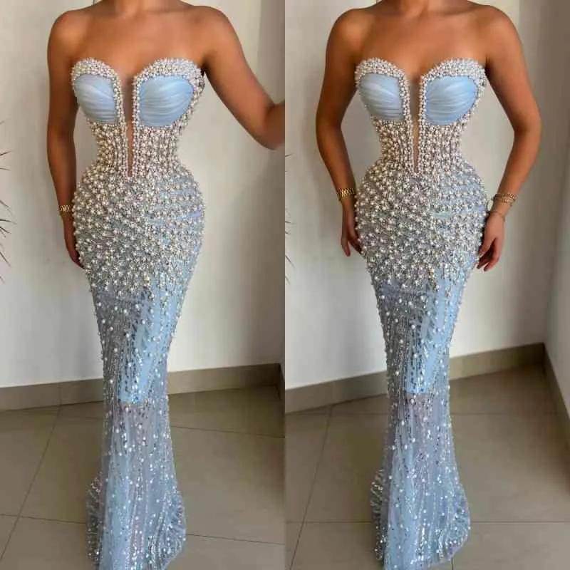 Amazing Sky Blue Sweetheart Pearls Prom Dress Mermaid With Beads