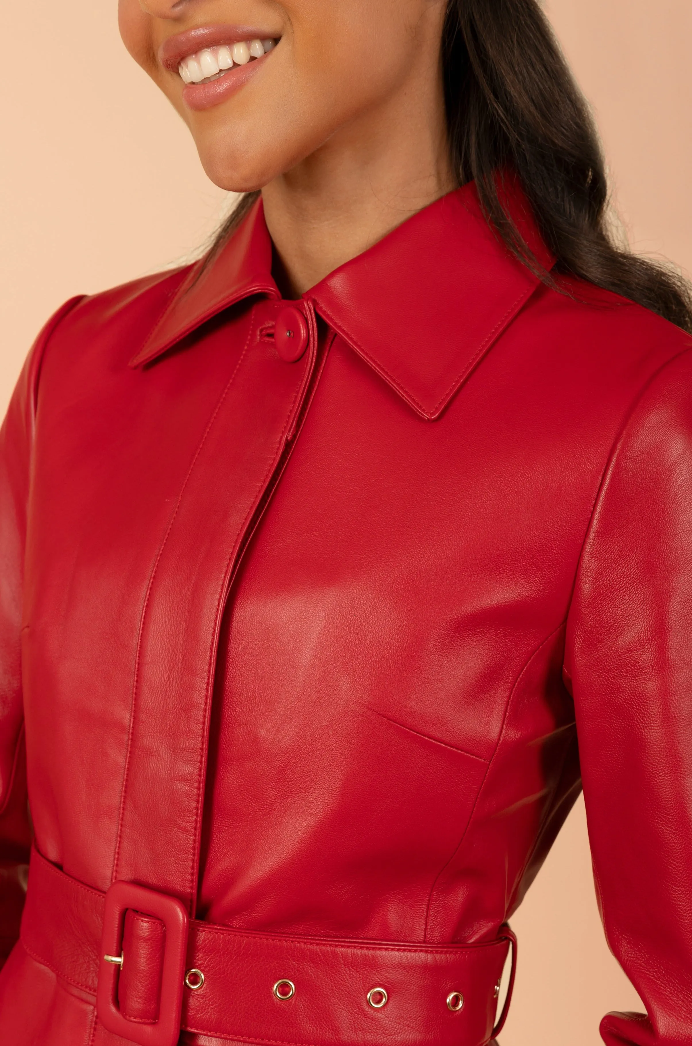 'Bellucci' Belted Leather Coat in Rosso
