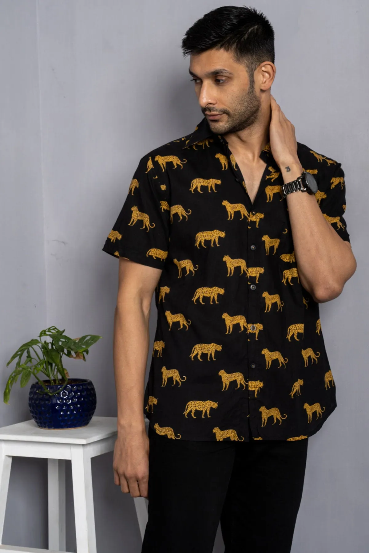 Black Cheeta Print Cotton Shirt, Half Sleeves | Style Matters