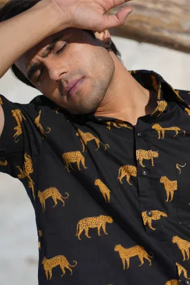 Black Cheeta Print Cotton Shirt, Half Sleeves | Style Matters