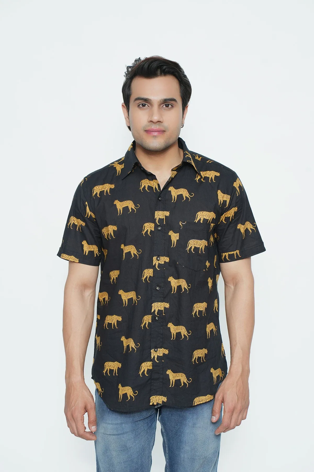Black Cheeta Print Cotton Shirt, Half Sleeves | Style Matters
