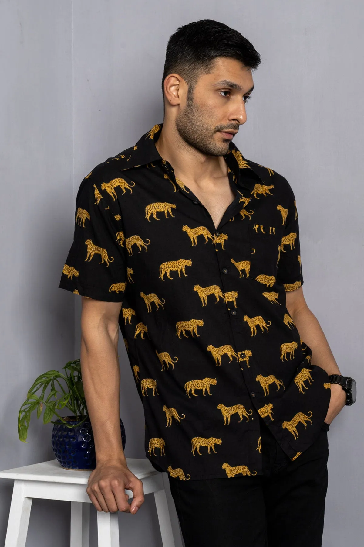 Black Cheeta Print Cotton Shirt, Half Sleeves | Style Matters