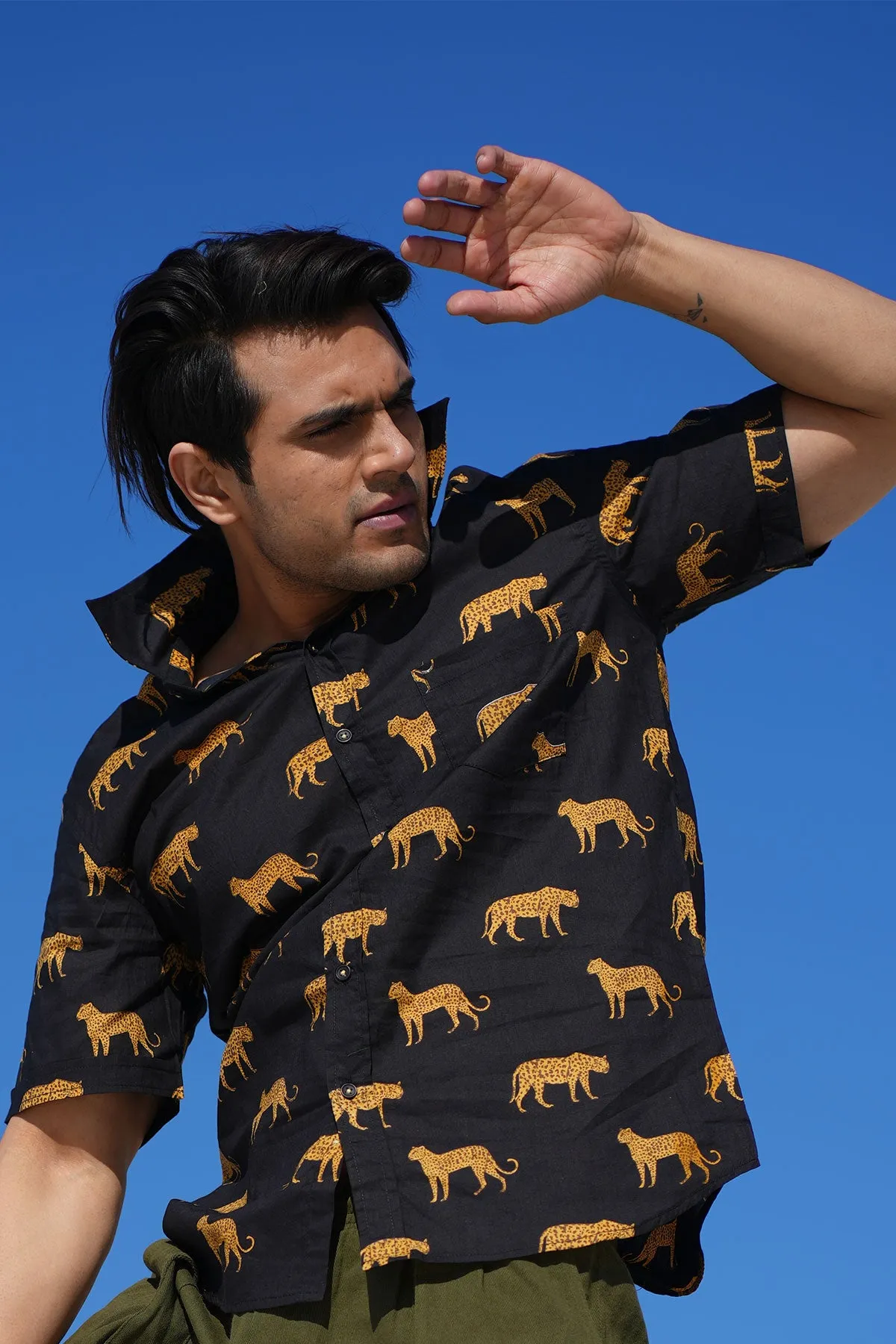 Black Cheeta Print Cotton Shirt, Half Sleeves | Style Matters