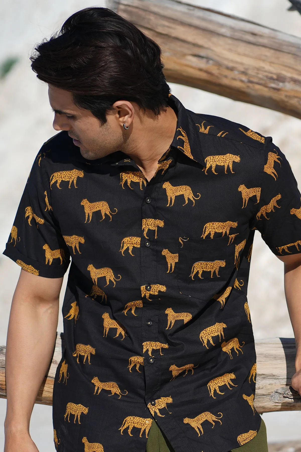 Black Cheeta Print Cotton Shirt, Half Sleeves | Style Matters
