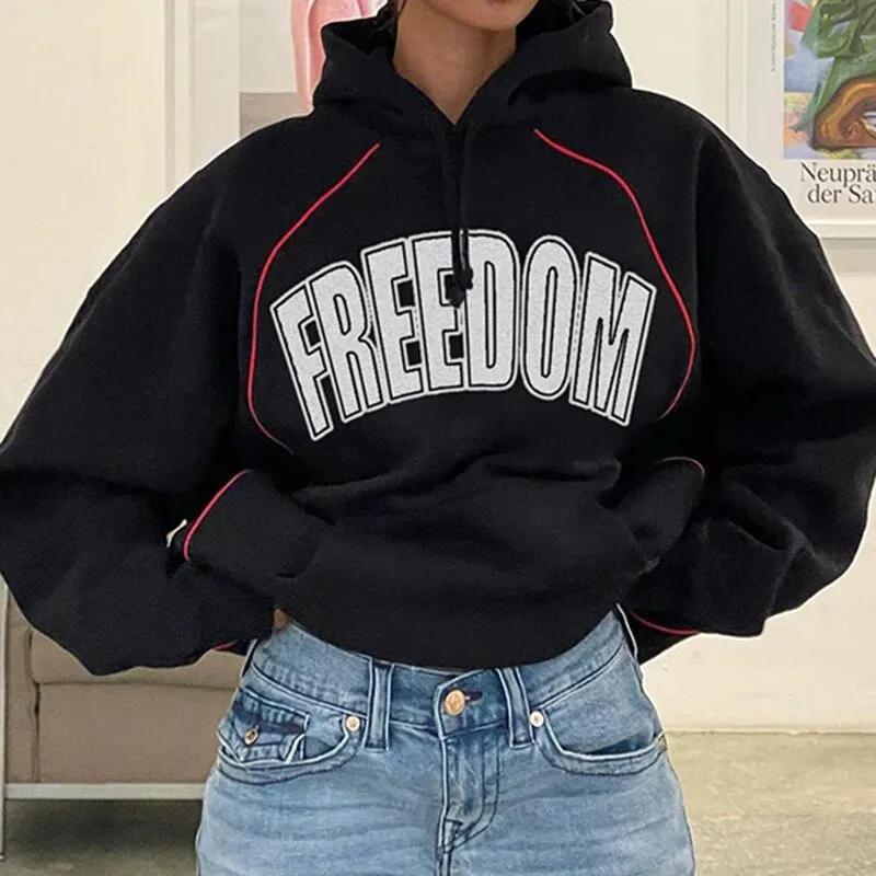 Black Stripe Loose Hoodies Letter Print Sportswear