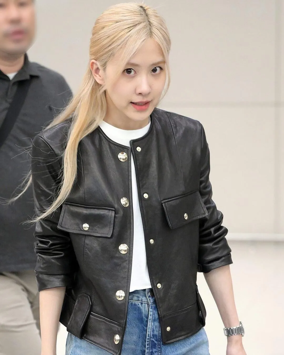 Blackpink Rose Black Collarless Leather Jacket