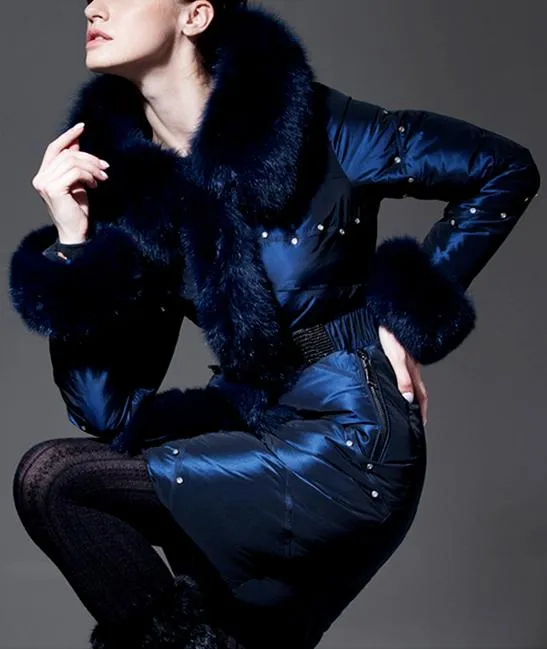 Blue Fur-Trim Crystal-Studded Puffer Coat