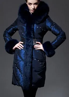 Blue Fur-Trim Crystal-Studded Puffer Coat