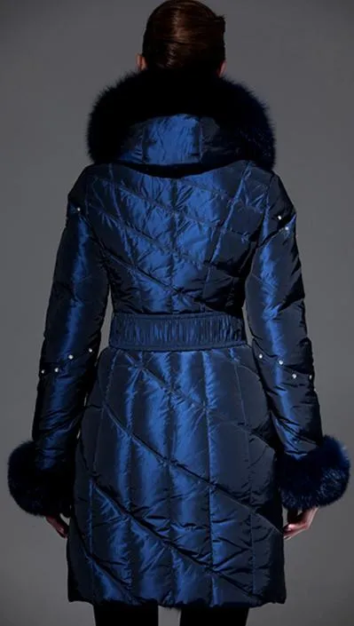Blue Fur-Trim Crystal-Studded Puffer Coat