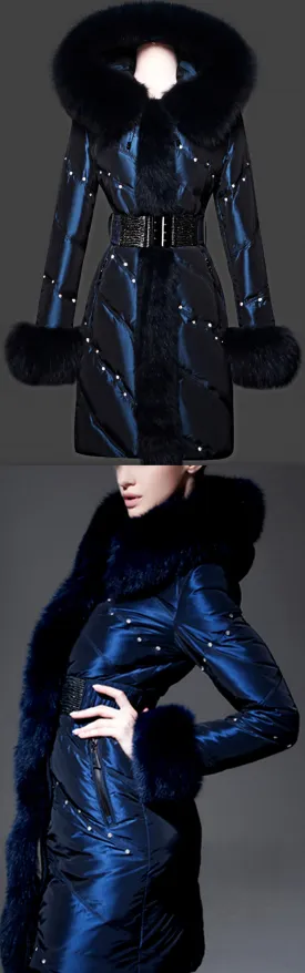 Blue Fur-Trim Crystal-Studded Puffer Coat