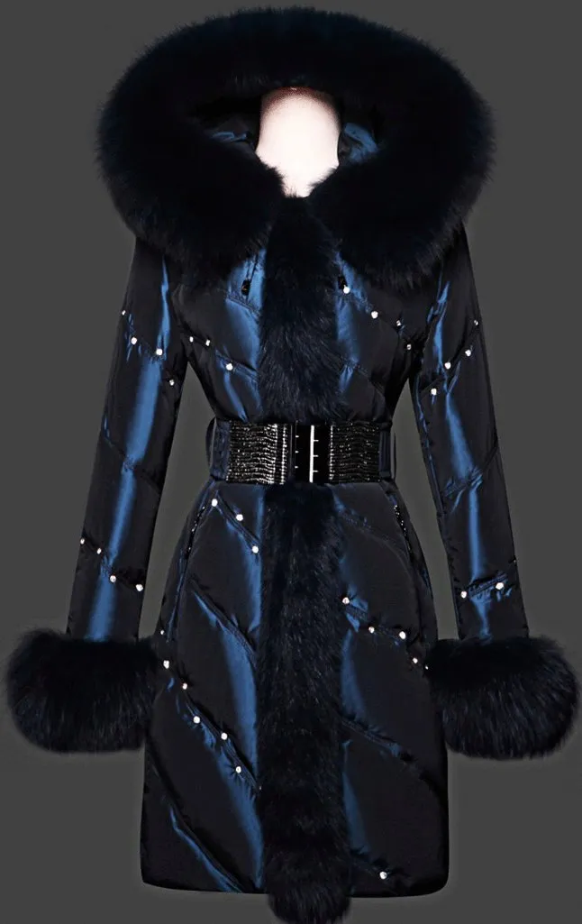 Blue Fur-Trim Crystal-Studded Puffer Coat