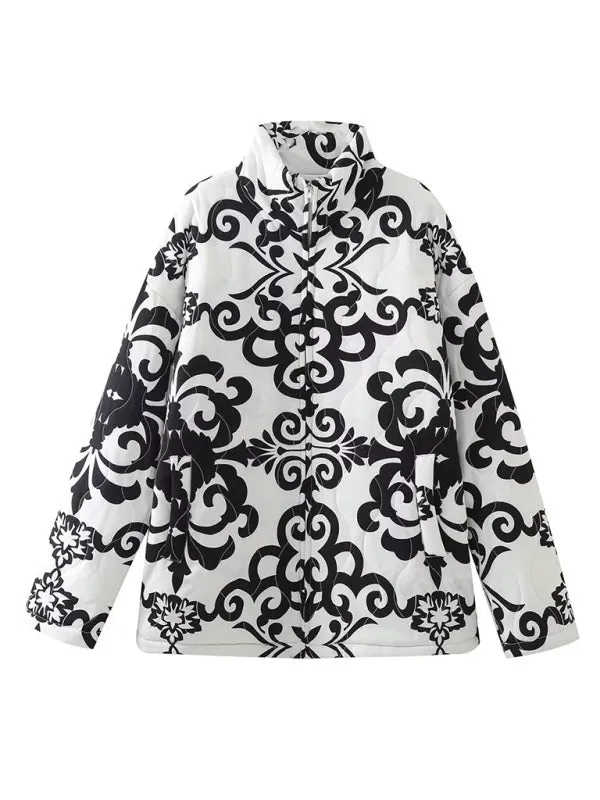 Blue Zone Planet |  Laura's Quilted Printed Loose Stand Collar Padded Jacket