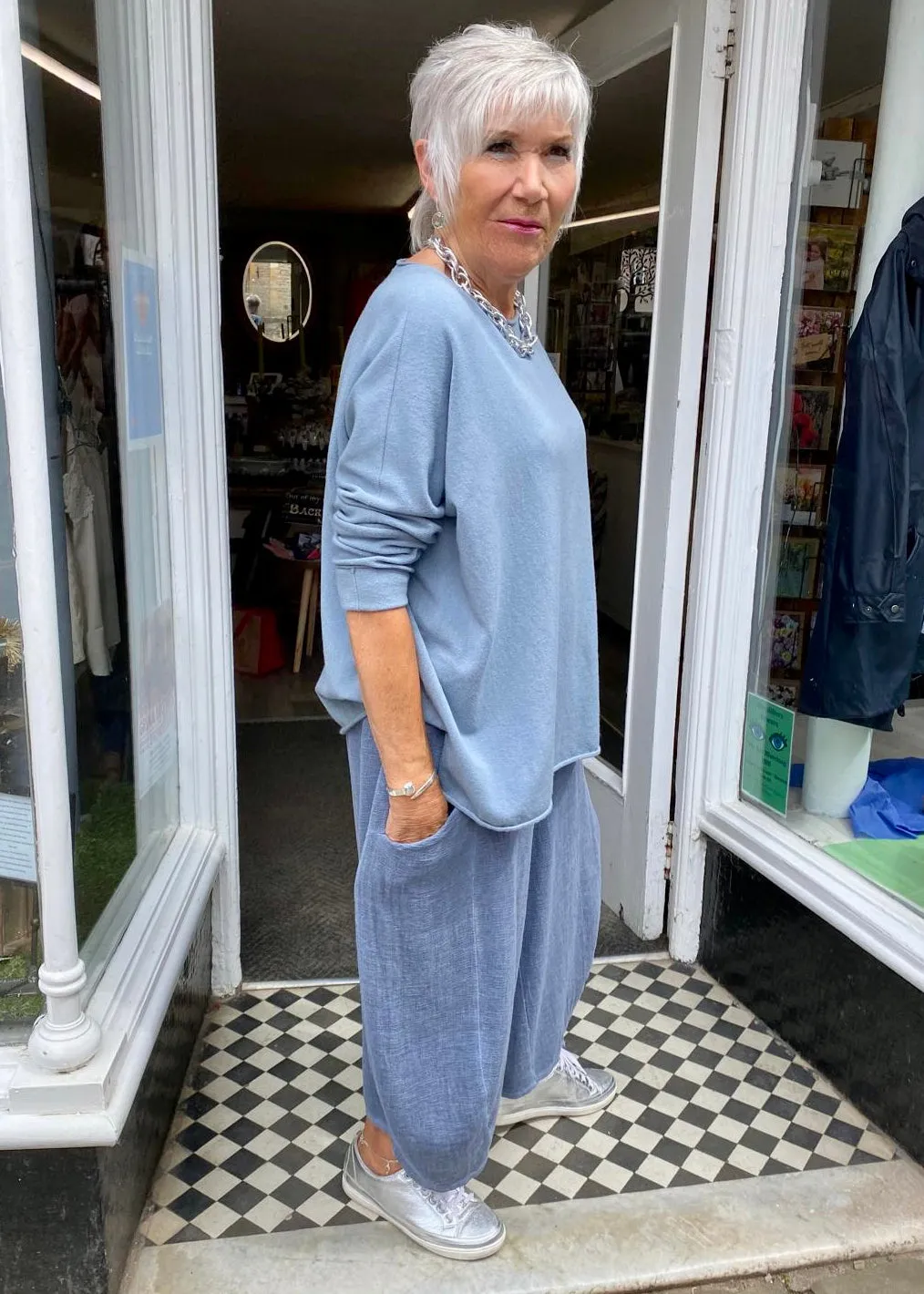 Cashmere Mix Round Neck Knit in shades of Blue
