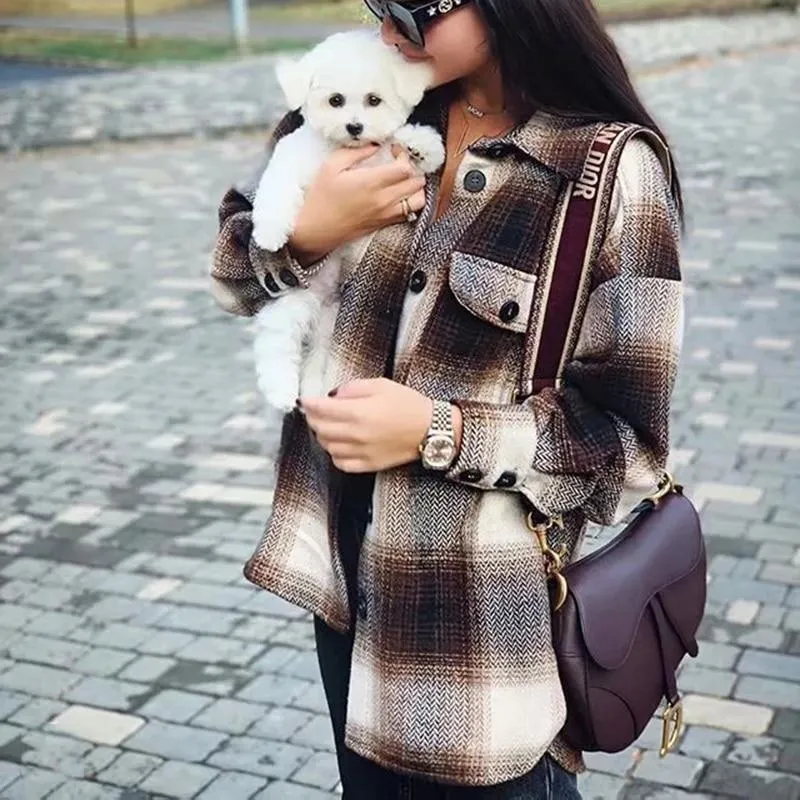 Casual Color Block Plaid Wool Blend Shirt Jacket