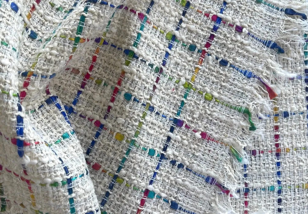 Charming Porcelain Iridescent Rainbow Ribbons Cotton Blend Bouclé (Made in Italy)