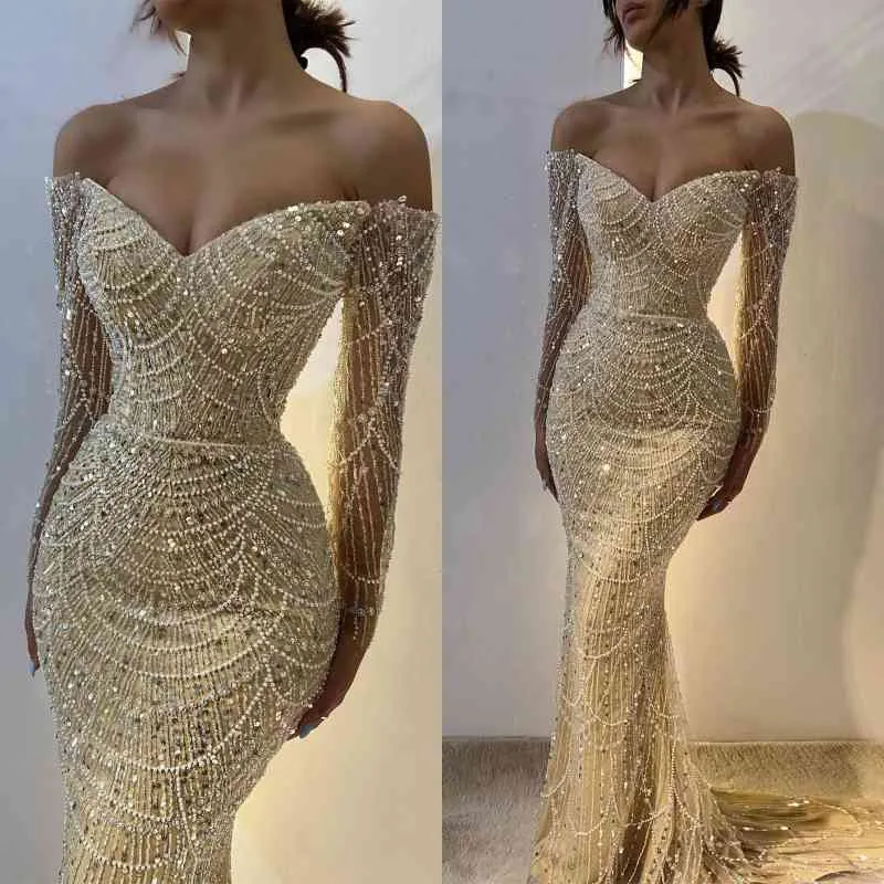 Chic Off-the-Shoulder Long Sleeves Prom Dress Mermaid Pearls With Beads