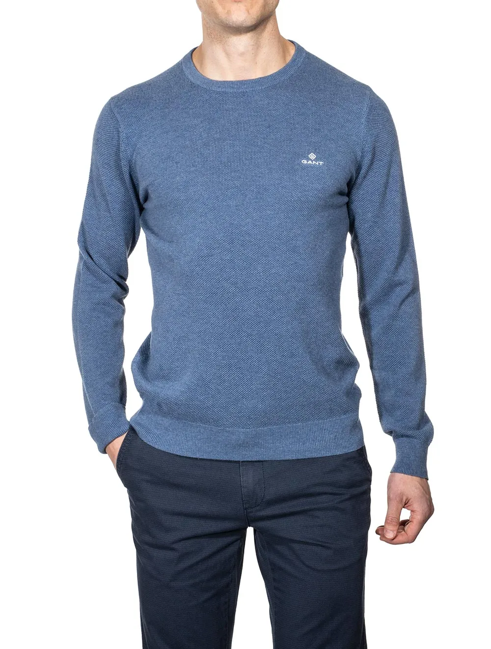 Cotton Pique Crewneck Denim Blue Melange