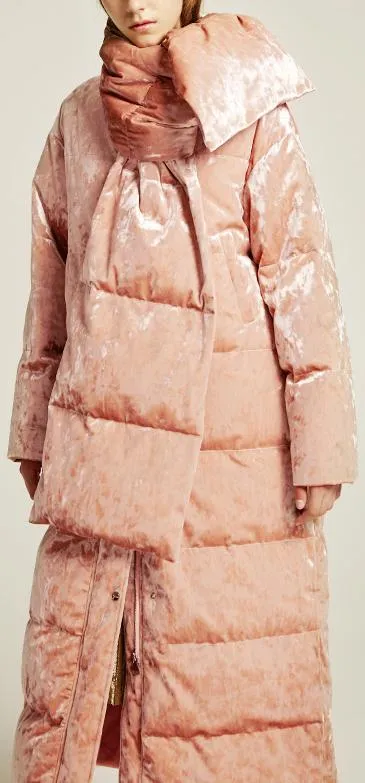 Crushed Velvet Down Coat with Scarf