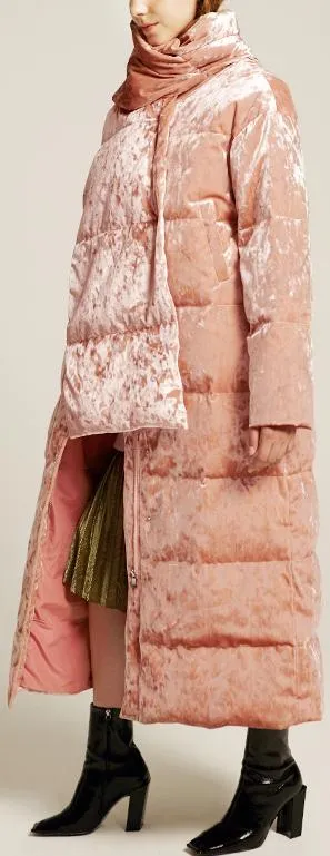 Crushed Velvet Down Coat with Scarf