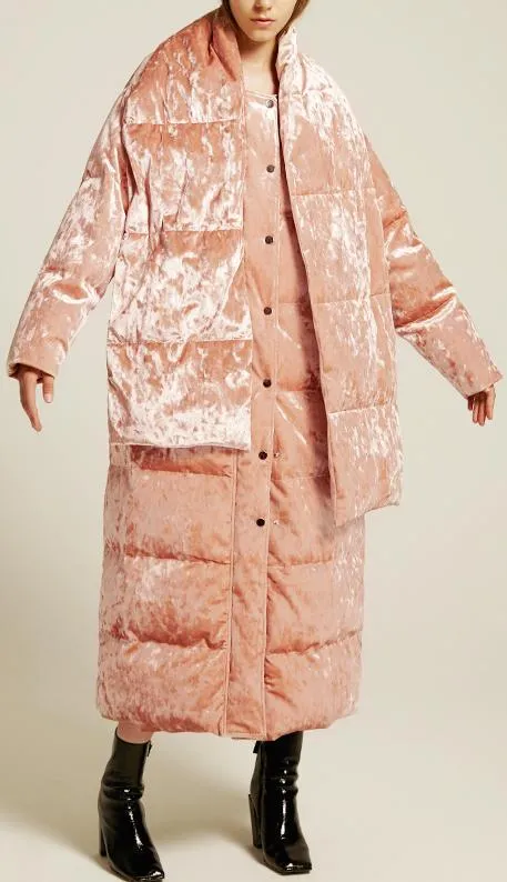 Crushed Velvet Down Coat with Scarf