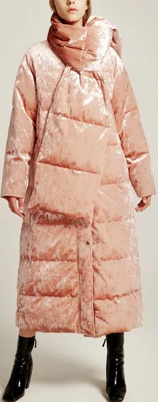 Crushed Velvet Down Coat with Scarf