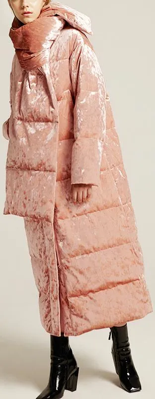 Crushed Velvet Down Coat with Scarf