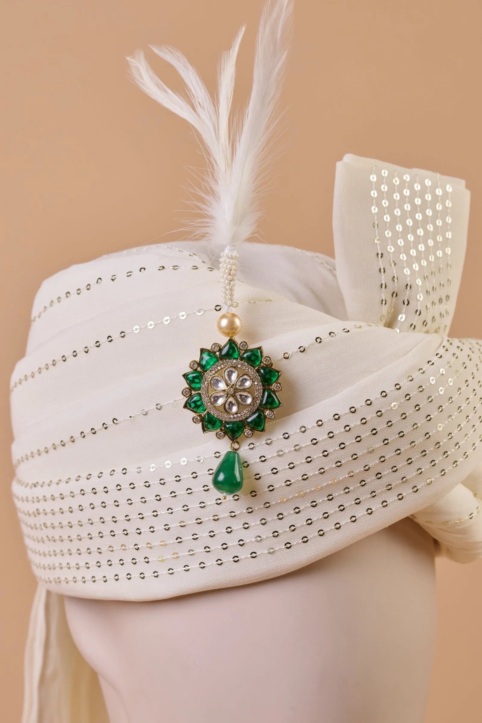 Dark Green Oval Crystal Sarpech With Drop Bead Detailing