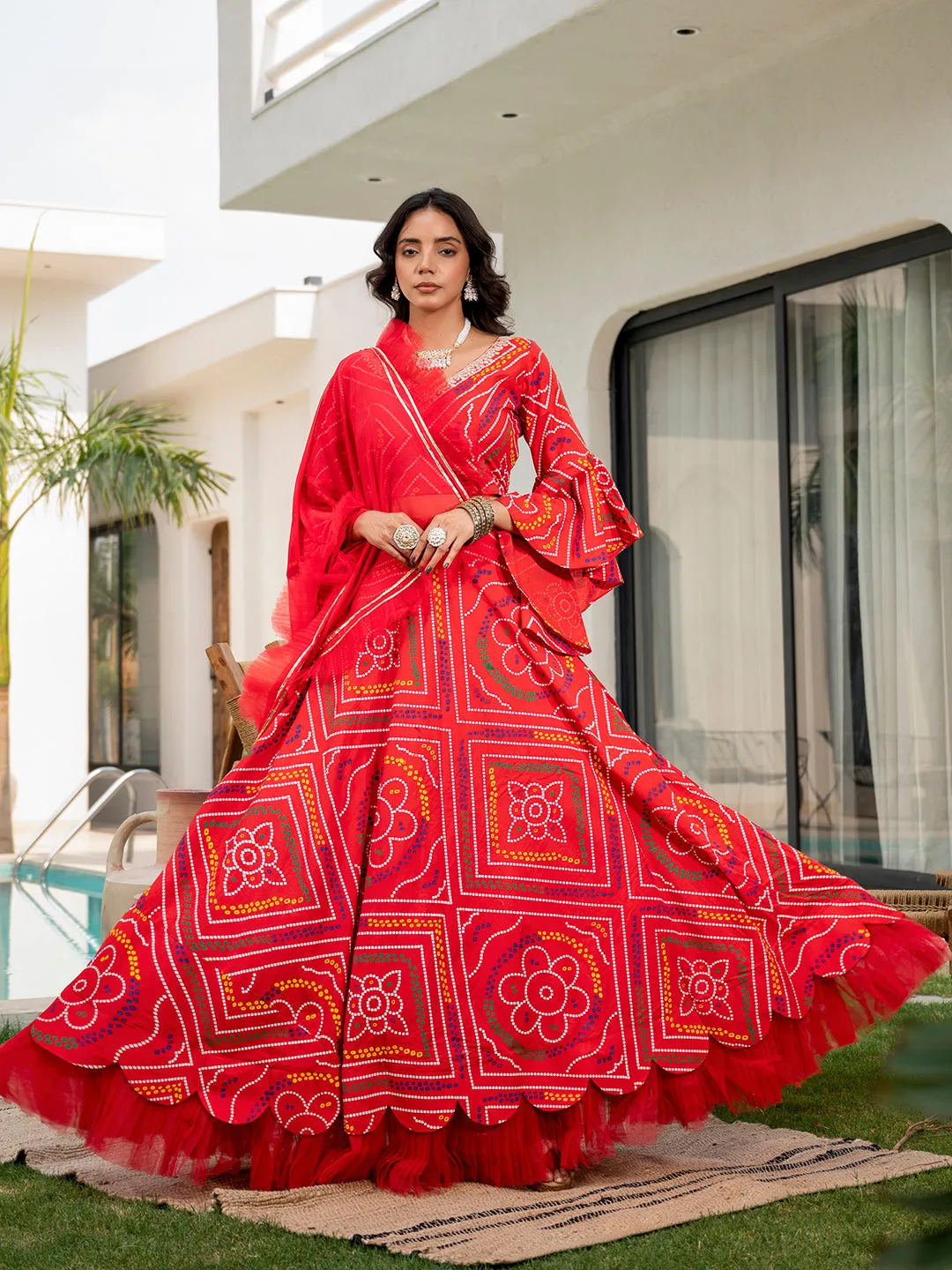 Divena Bandhani Printed Cotton Lehenga & Blouse With Dupatta