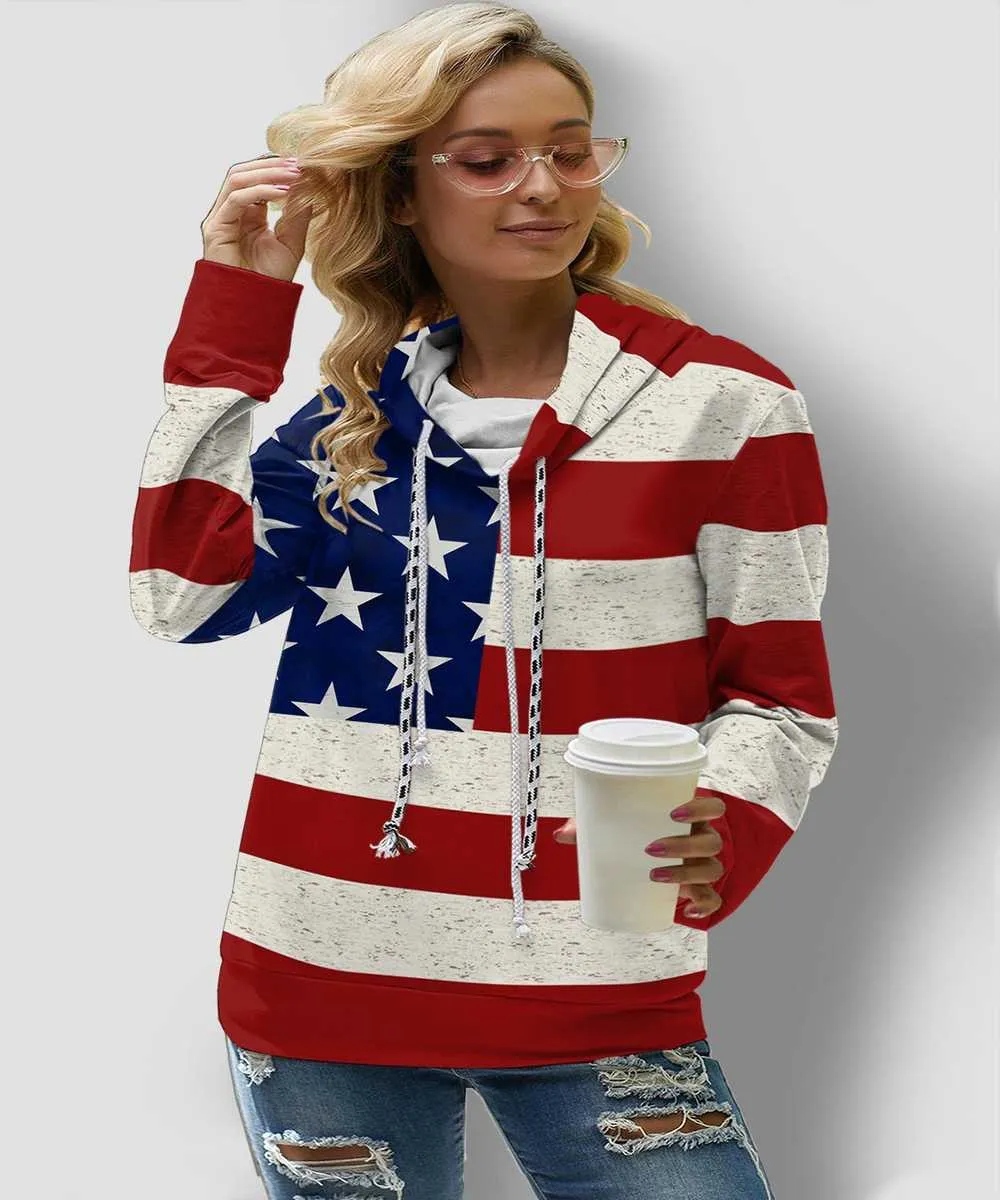 Drawstring Plaid  Contrast Sweatshirt