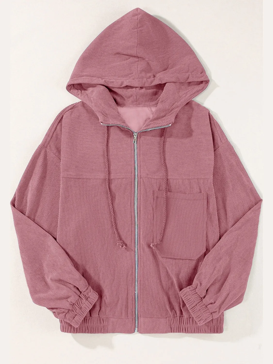Drawstring Zip Up Long Sleeve Hooded Jacket