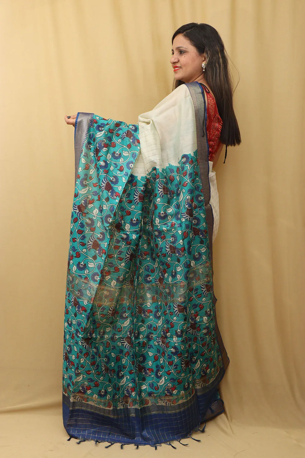 Elegant Cream And Blue Kalamkari Cotton Silk Saree