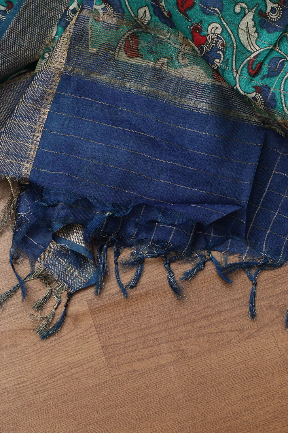 Elegant Cream And Blue Kalamkari Cotton Silk Saree