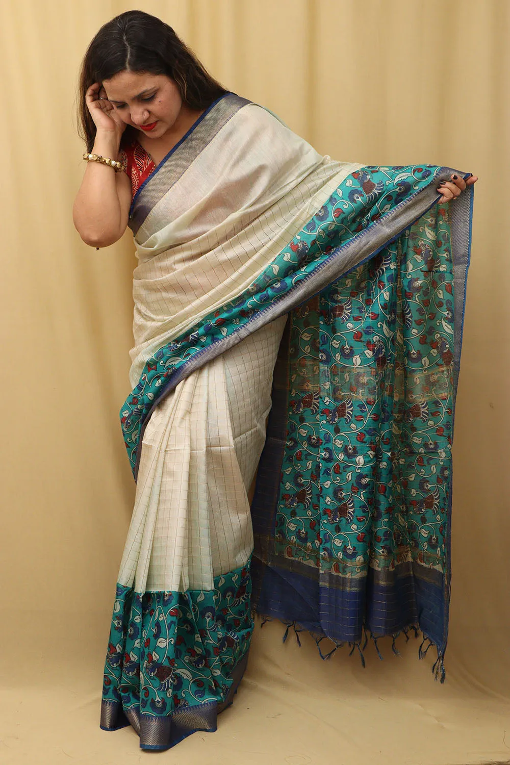 Elegant Cream And Blue Kalamkari Cotton Silk Saree
