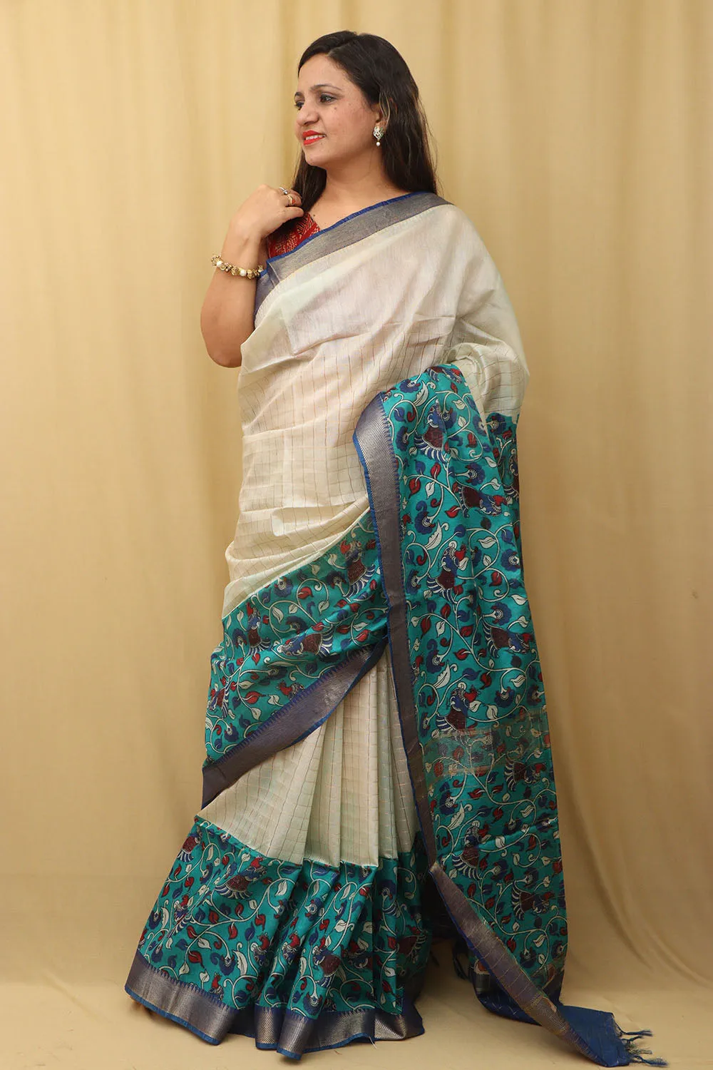 Elegant Cream And Blue Kalamkari Cotton Silk Saree