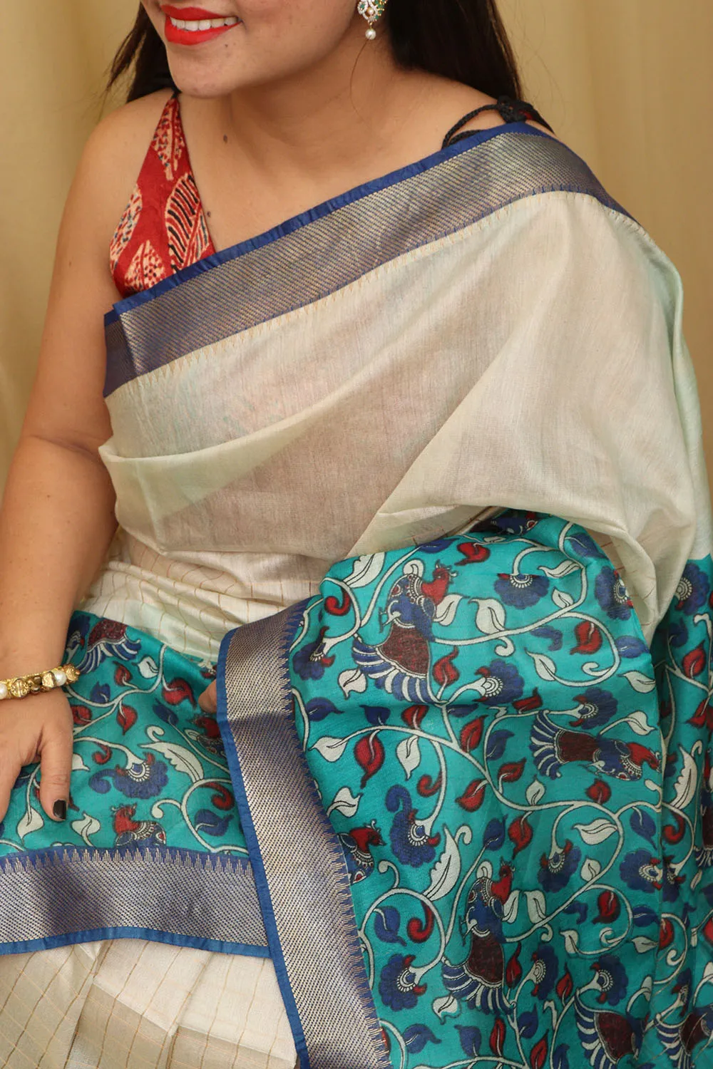 Elegant Cream And Blue Kalamkari Cotton Silk Saree