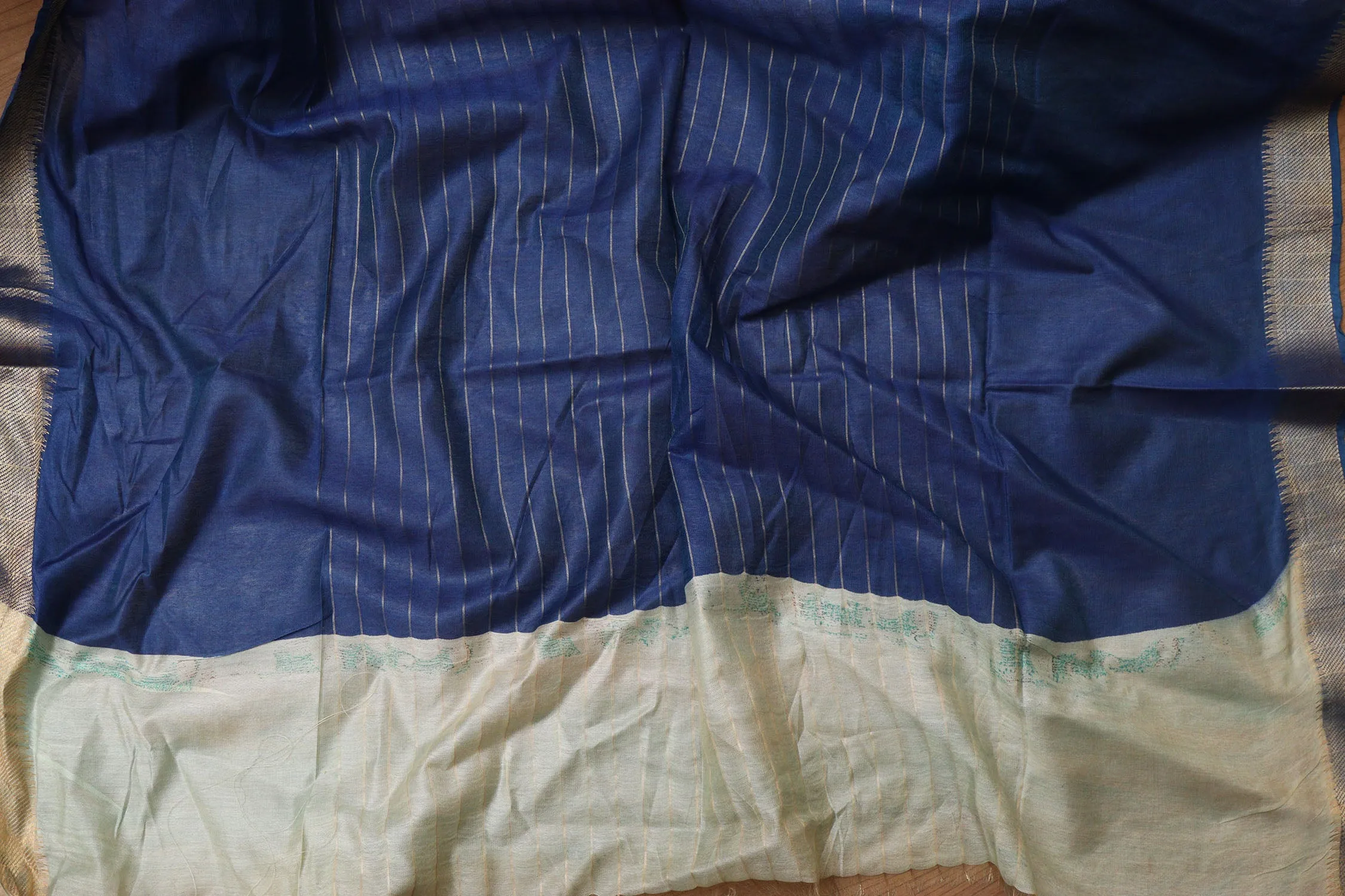 Elegant Cream And Blue Kalamkari Cotton Silk Saree