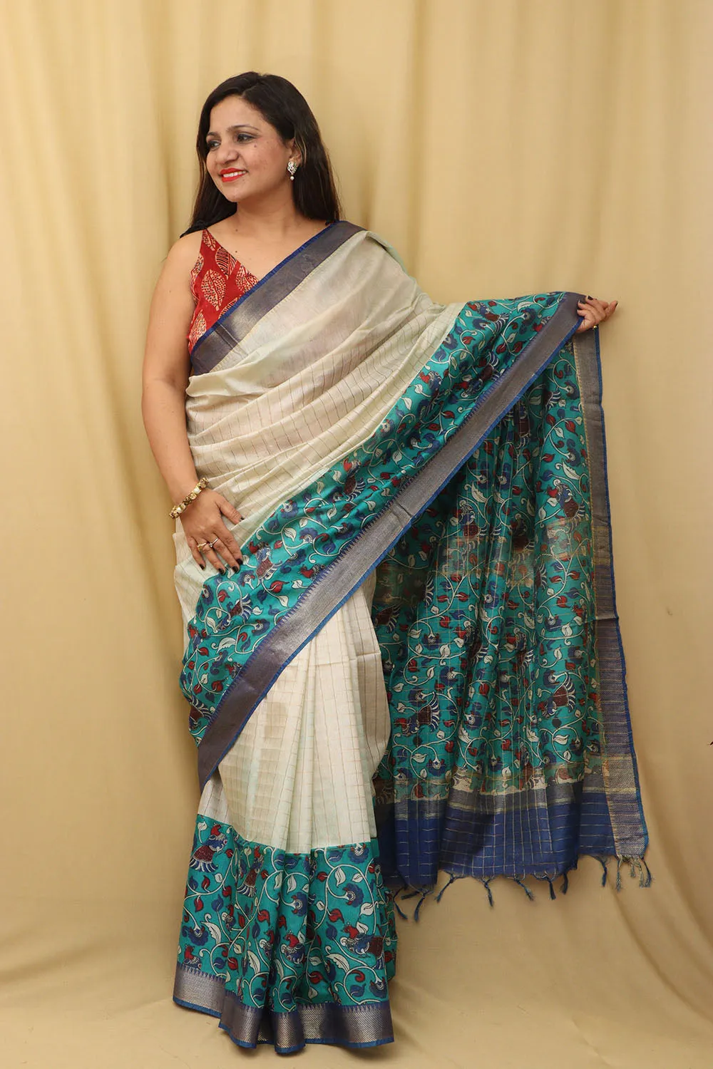 Elegant Cream And Blue Kalamkari Cotton Silk Saree
