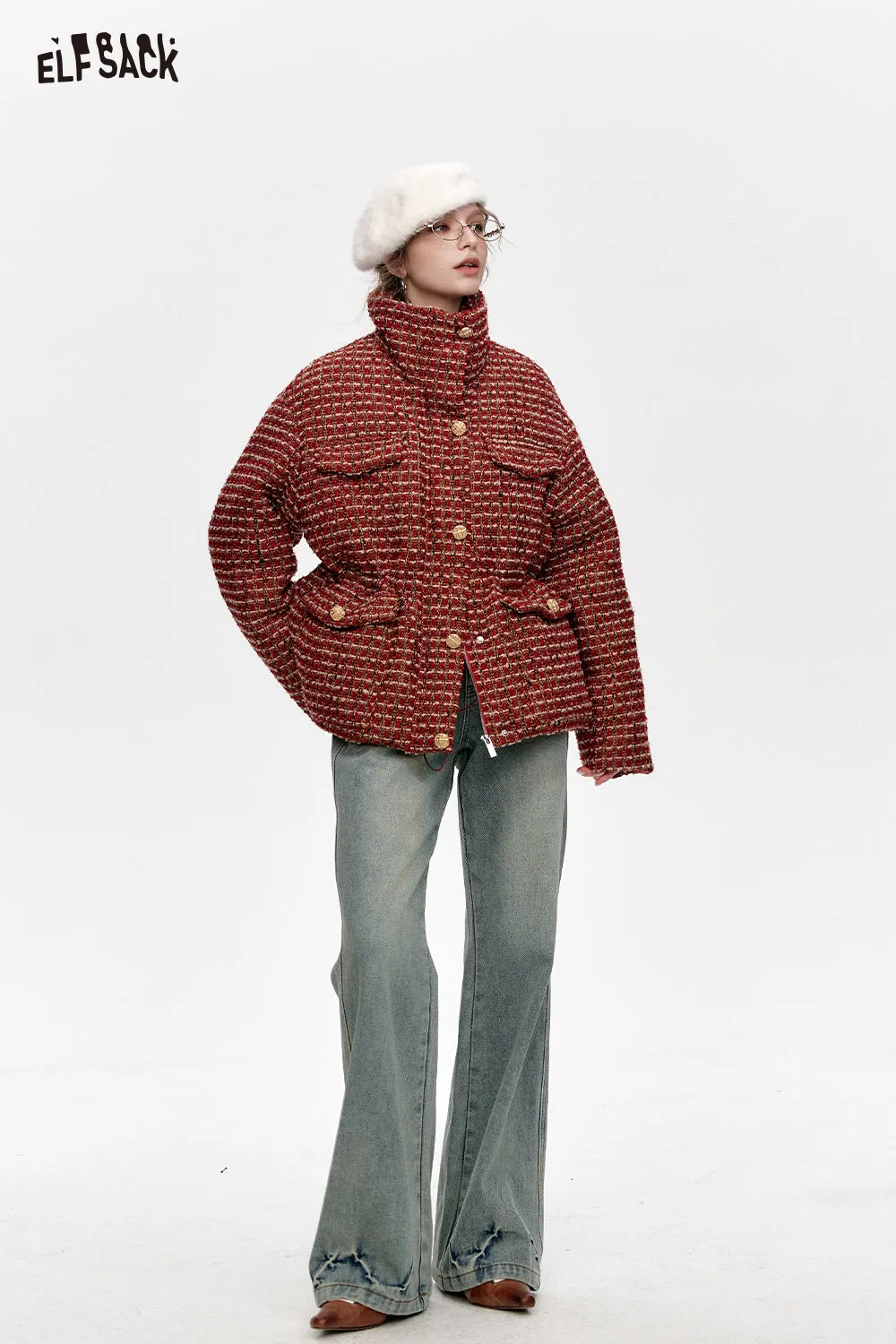 ELFSACK 2024 Winter New Arrivals Red plaid waist-adjustable stand-up collar short down jacket for women