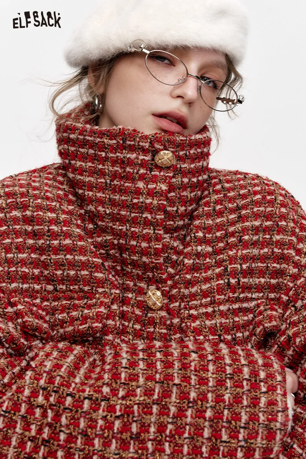 ELFSACK 2024 Winter New Arrivals Red plaid waist-adjustable stand-up collar short down jacket for women