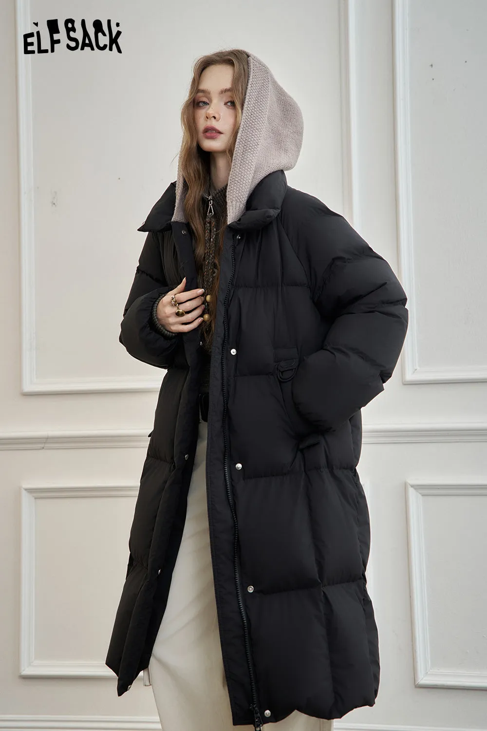 ELFSACK 2024 Winter New Arrivals Women's mid-length hooded down jacket with knitted hood and raglan sleeves for warmth