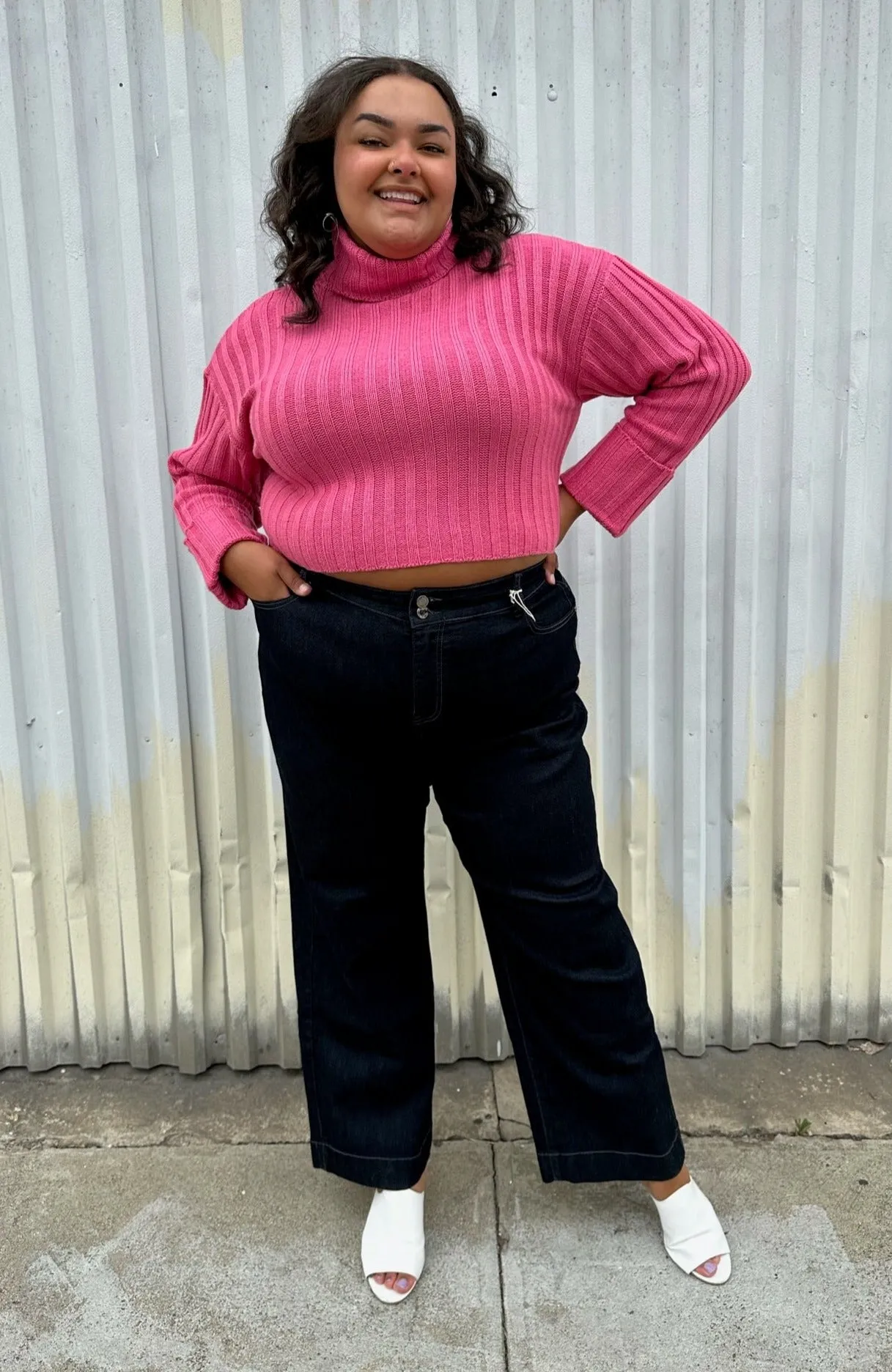 Eloquii Bubblegum Pink Ribbed Turtleneck Cropped Sweater, Size 18/20