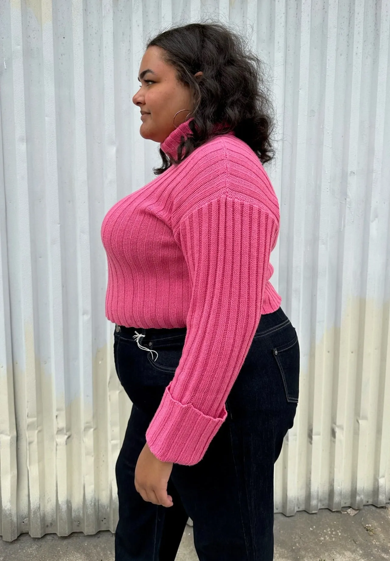Eloquii Bubblegum Pink Ribbed Turtleneck Cropped Sweater, Size 18/20