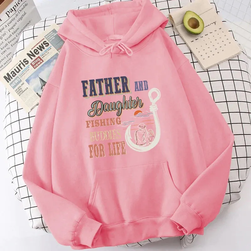 Father And Daughter Fishing Buddies For Life Letter Print Hooded Fashion