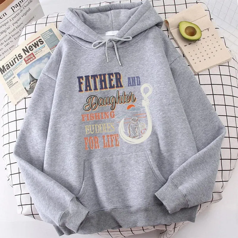 Father And Daughter Fishing Buddies For Life Letter Print Hooded Fashion