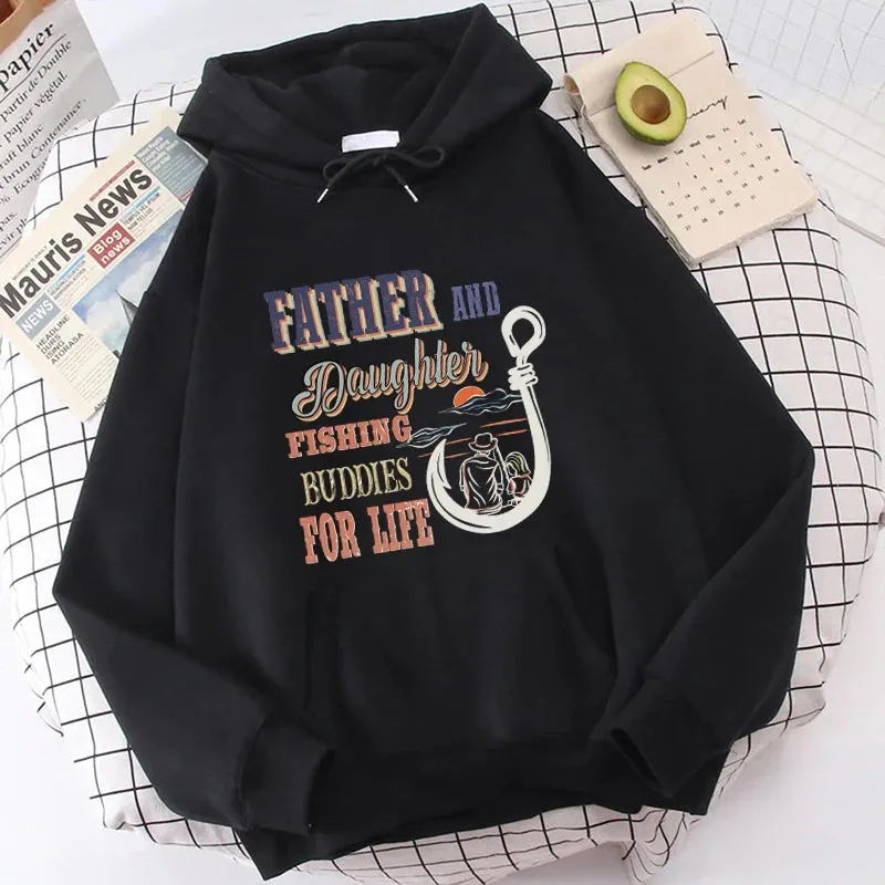 Father And Daughter Fishing Buddies For Life Letter Print Hooded Fashion