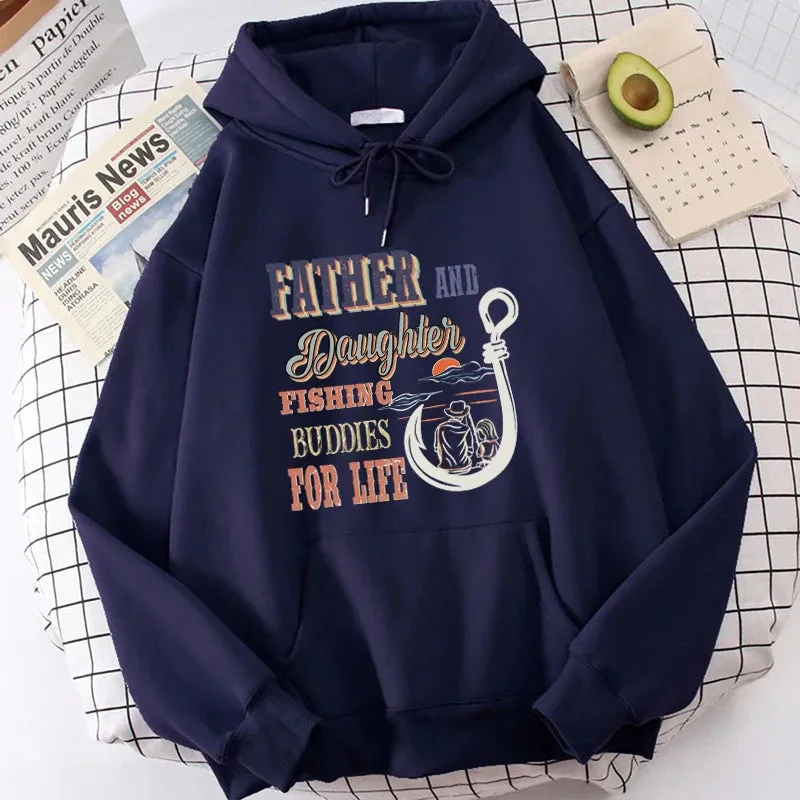 Father And Daughter Fishing Buddies For Life Letter Print Hooded Fashion