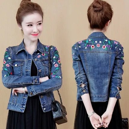 Floral Spring Jacket Women Floral Embroidery Short Denim