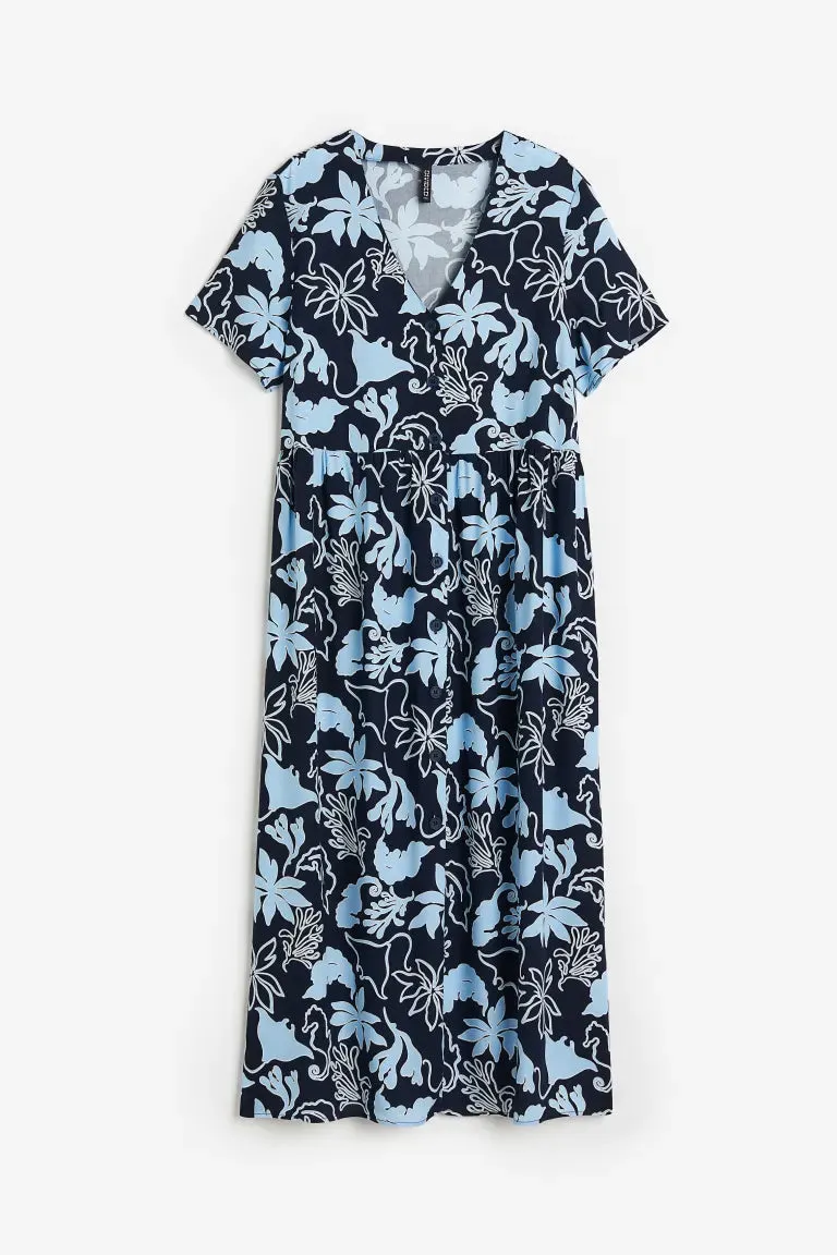 H&M button front dress, navy/patterned